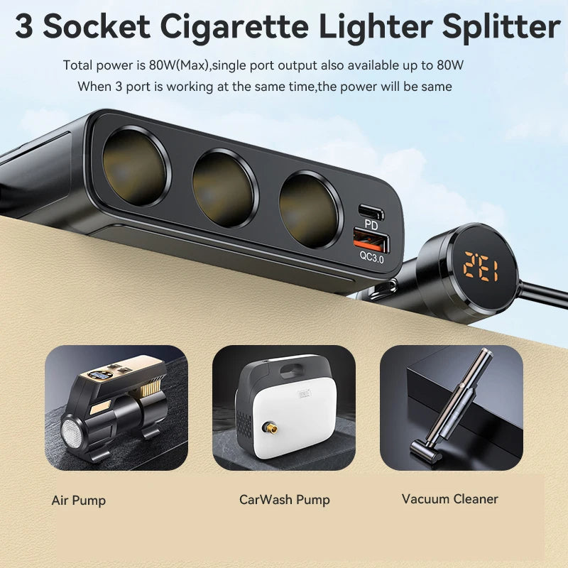 Car Cigarette Lighter Splitter, 3 Socket Car Charger with PD/QC 3.0 Charging Ports