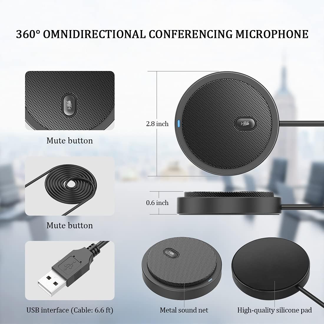 USB Conference Speakerphone ,360° Voice Pickup with Mute Button ,Plug & Play